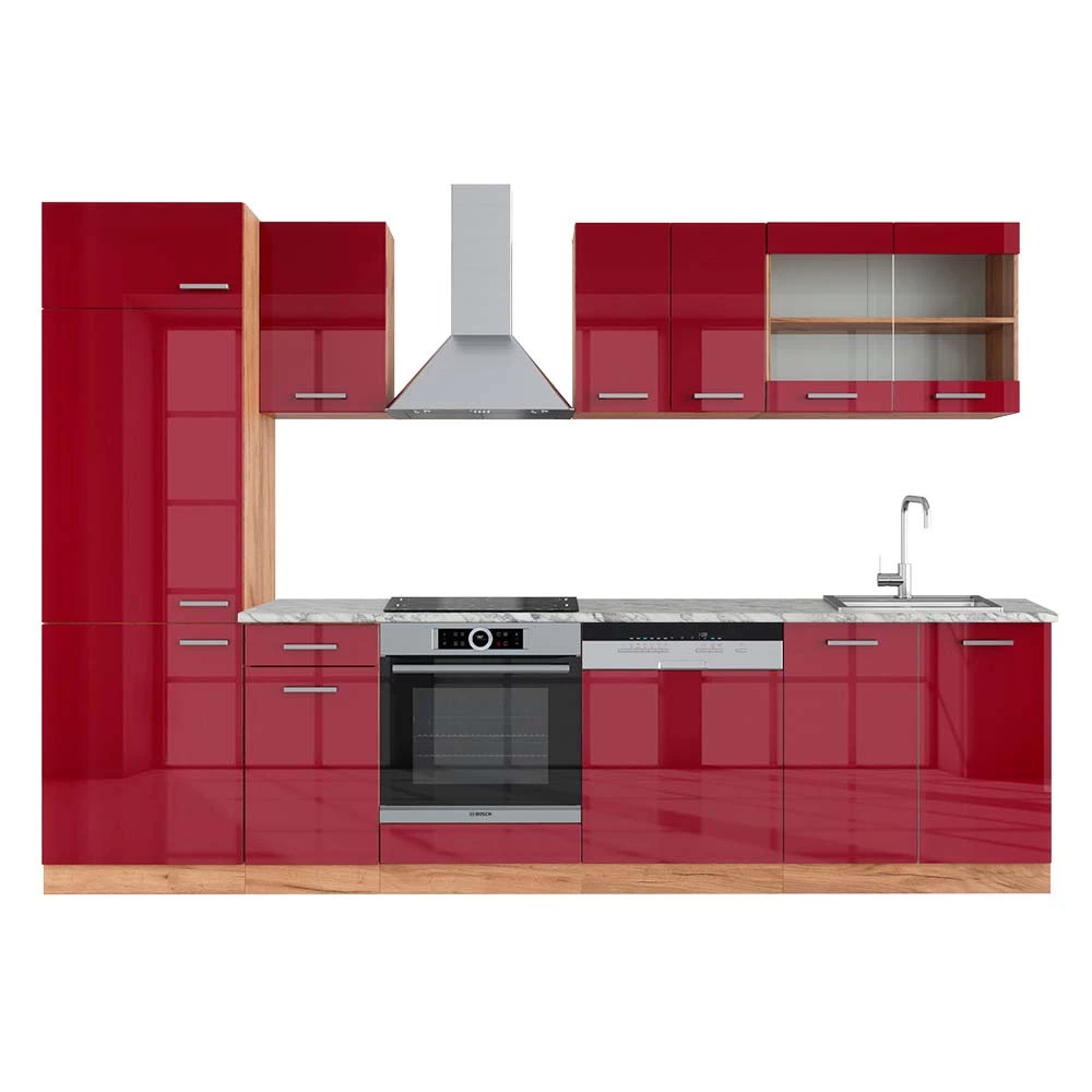 Complete keukeneenheid R-Line Rood hoogglans/gouden eik 300 cm , WB Marmer Vicco