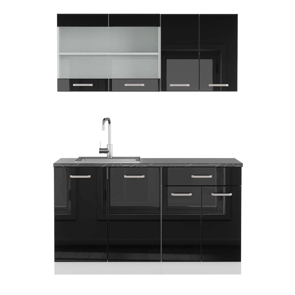 Eenpersoonskeuken R-Line Zwart hoogglans/wit 140 cm , WB Antraciet Vicco