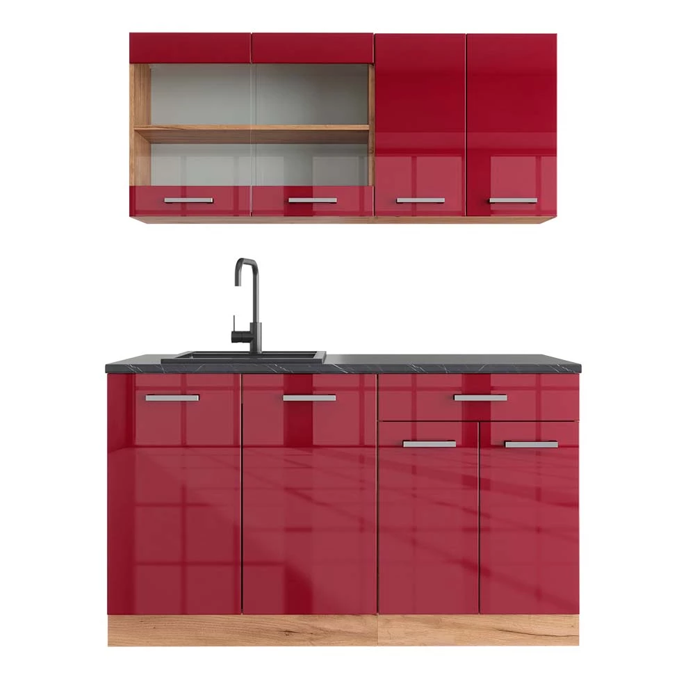 Eenpersoonskeuken R-Line Rood hoogglans/gouden eik 140 cm , WB Antraciet Vicco