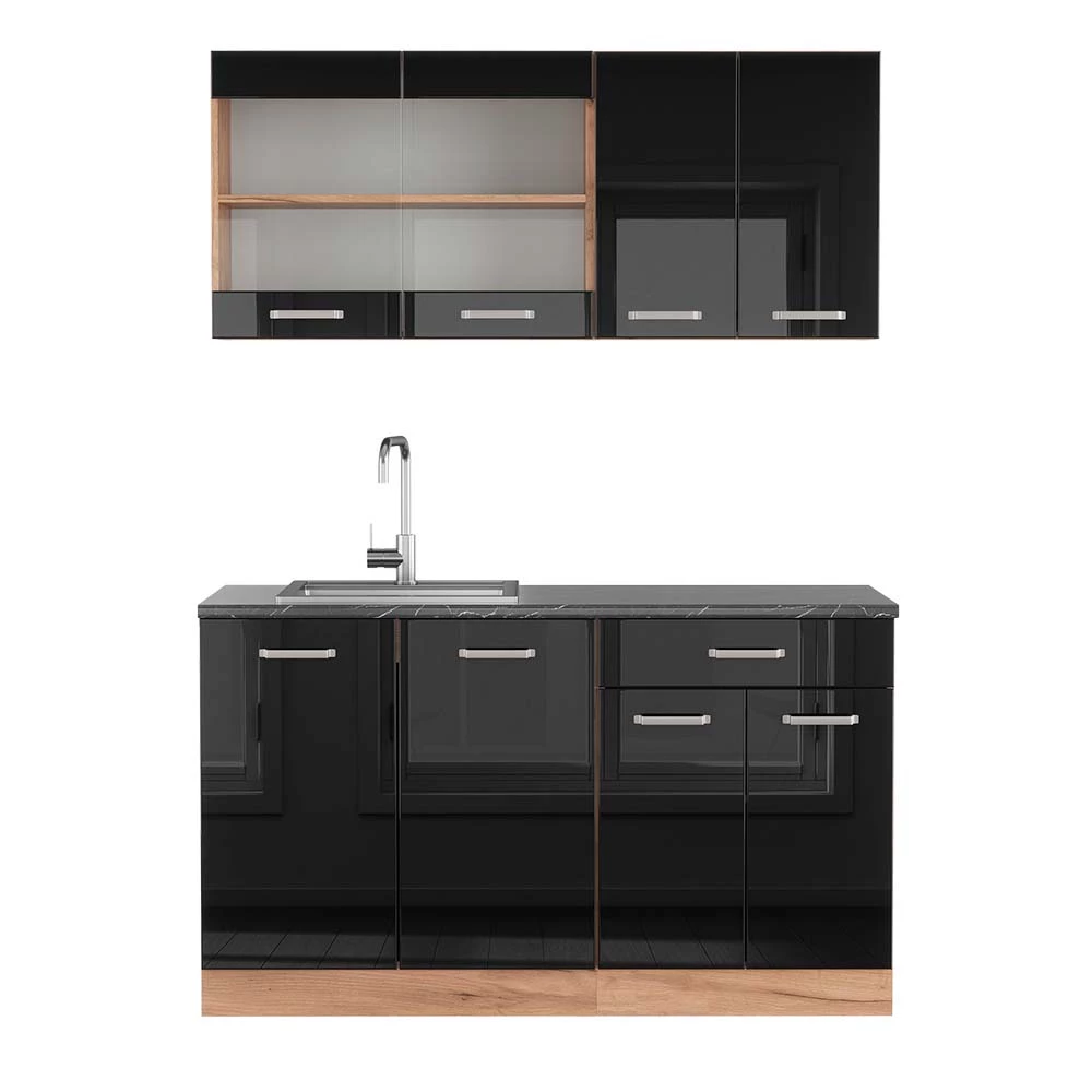 Eenpersoonskeuken R-Line Eiken hoogglans zwart/goud 140 cm , WB Antraciet Vicco