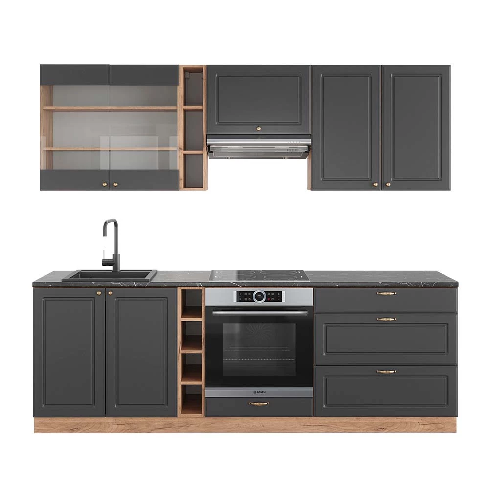 Complete keukeneenheid Fame-Line Antraciet Landhuis/Goud Kraft Eik 235 cm , WB Antraciet Vicco