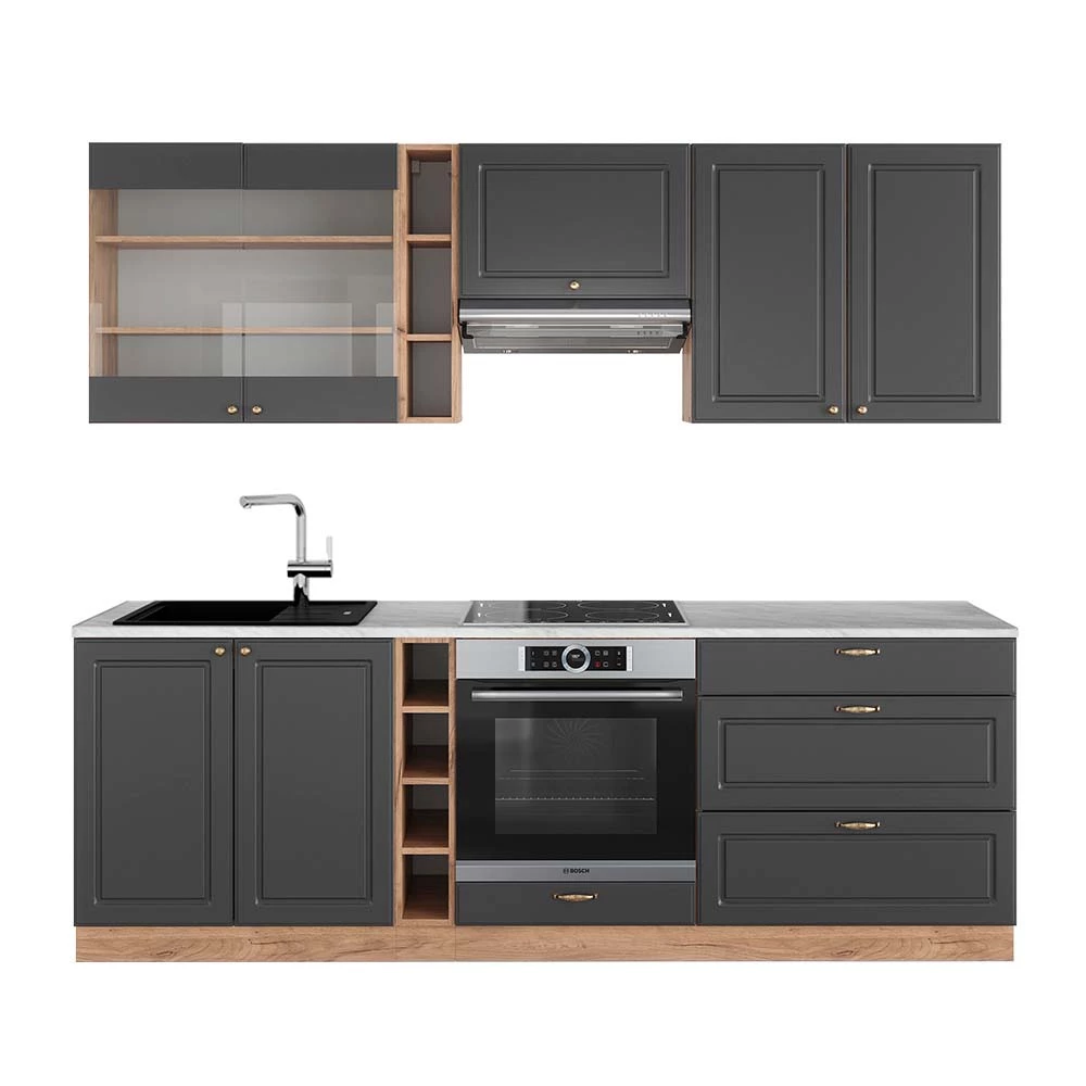 Complete keukeneenheid Fame-Line Antraciet Landhuis/Goud Kraft Eik 235 cm , WB Marmer Vicco