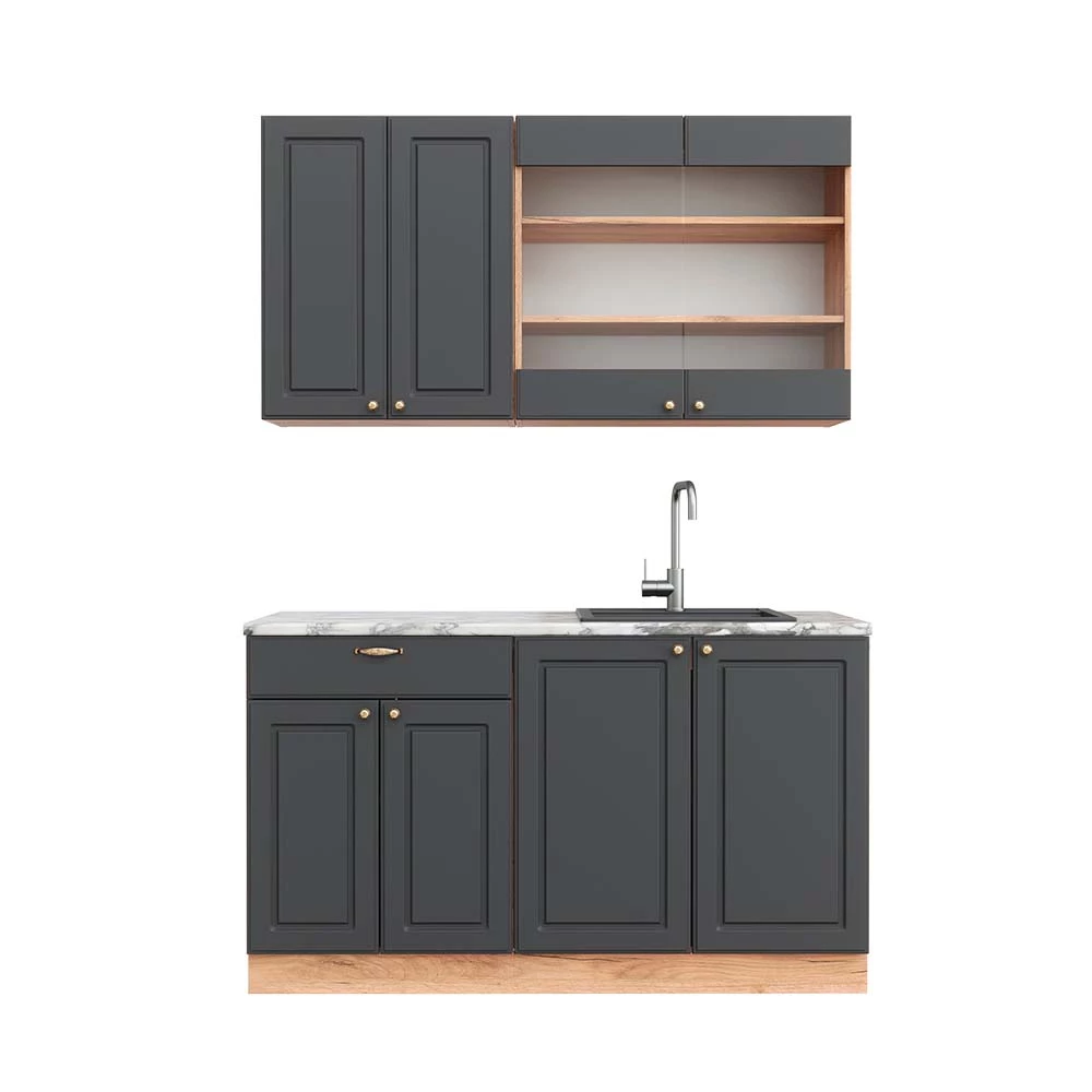 Eenpersoonskeuken Fame-Line Antraciet Landhuis/Goud Kraft Eik 140 cm , WB Marmer Vicco