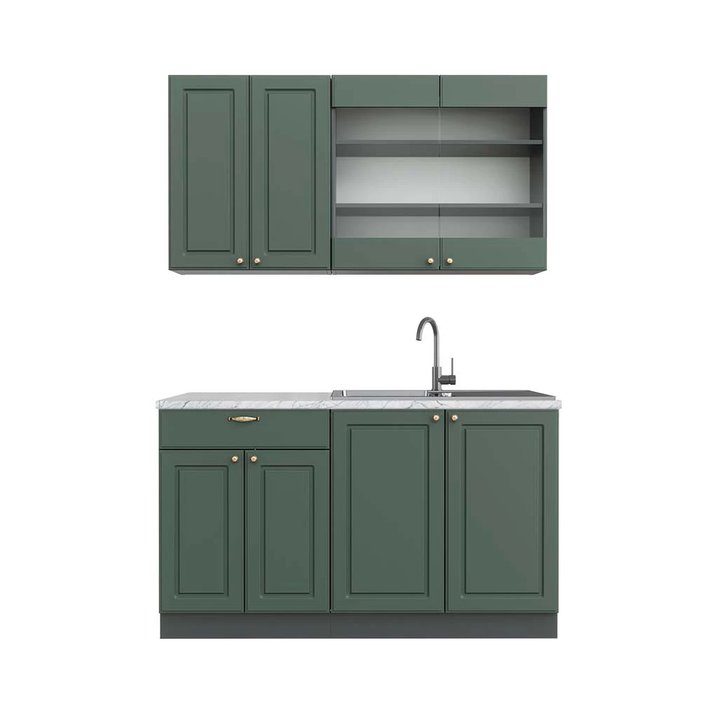 Eenpersoonskeuken Fame-Line Groen-Goud Landhuis/Antraciet 140 cm , WB Marmer Vicco