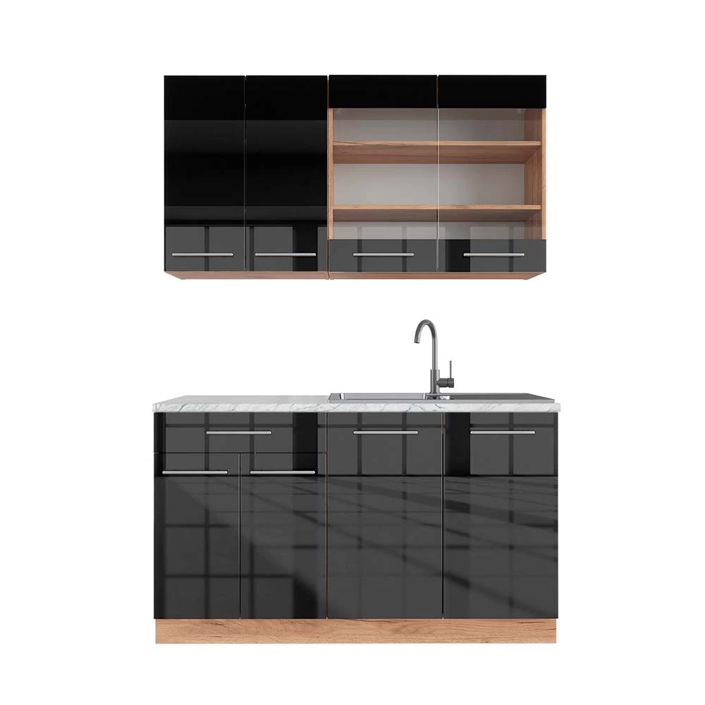 Eenpersoonskeuken Fame-Line Antraciet hoogglans/goud eiken 140 cm , WB Marmer Vicco