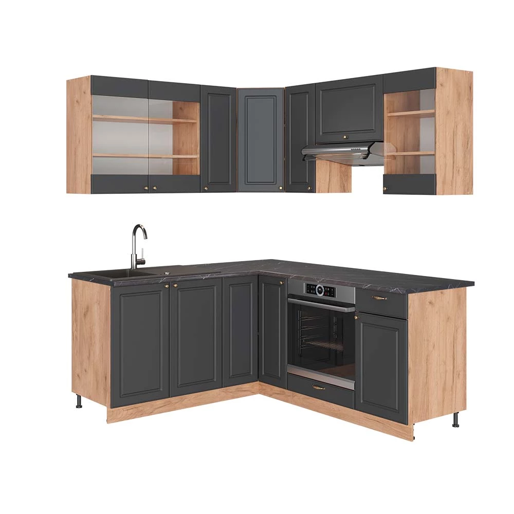 Hoekkeuken Fame-Line Antraciet Landhuis/Goud Kraft Eik 190 x 60 cm , WB Antraciet Vicco