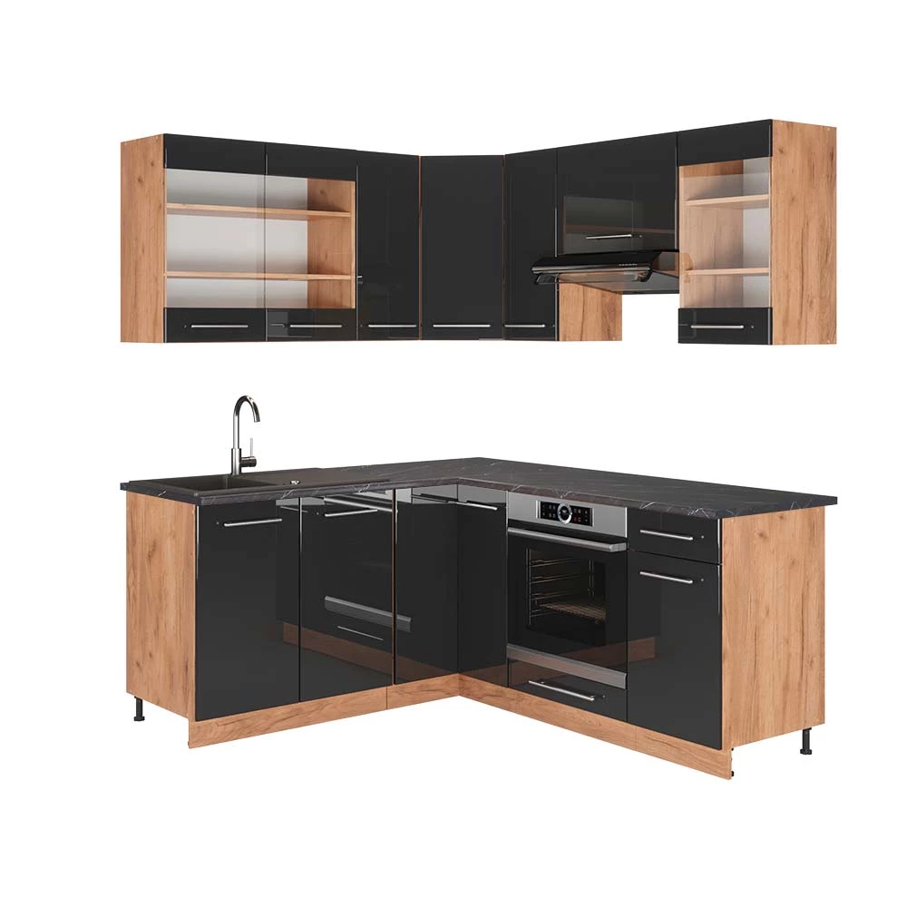 Hoekkeuken Fame-Line Antraciet hoogglans/goud eiken 190 x 60 cm , WB Antraciet Vicco