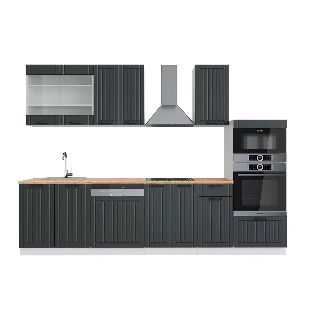 Complete keukeneenheid Fame-Line Antraciet landhuis/wit 300 cm met hoge kast, WB Eik Vicco