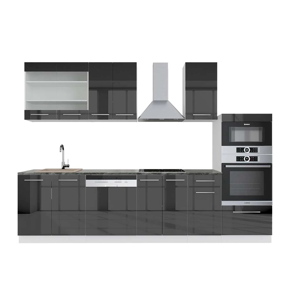 Complete keukeneenheid Fame-Line Antraciet hoogglans/wit 300 cm met hoge kast, WB Antraciet Vicco