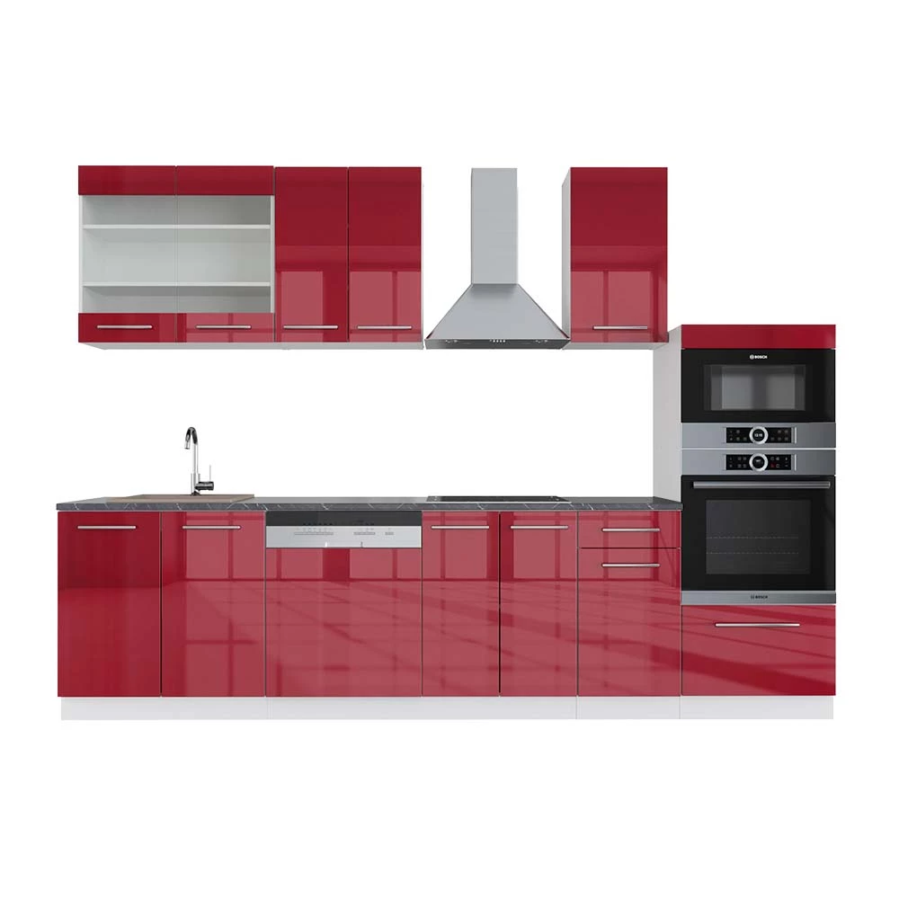 Complete keukeneenheid Fame-Line Bordeaux hoogglans/wit 300 cm met hoge kast, WB Antraciet Vicco
