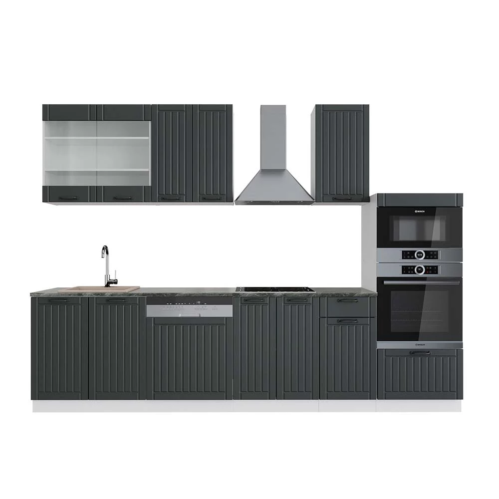 Complete keukeneenheid Fame-Line Antraciet landhuis/wit 300 cm met hoge kast, WB Antraciet Vicco