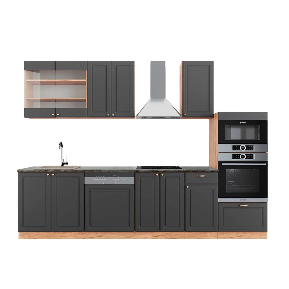 Complete keukeneenheid Fame-Line Antraciet Landhuis/Goud Kraft Eik 300 cm met hoge kast, WB Antraciet Vicco