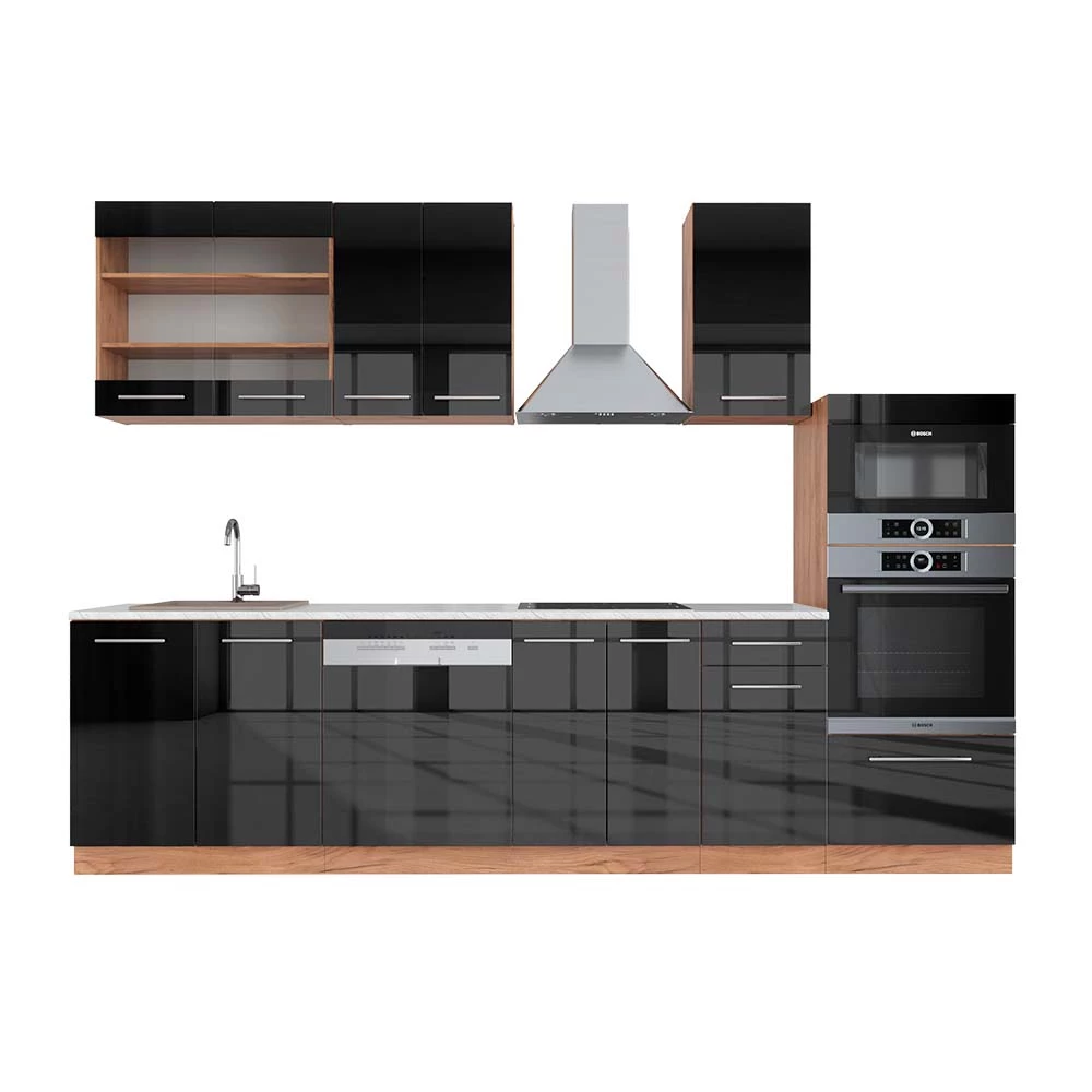Complete keukeneenheid Fame-Line Antraciet hoogglans/goud eiken 300 cm met hoge kast, WB Marmer Vicco