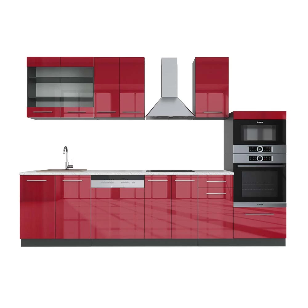 Complete keukeneenheid Fame-Line Bordeaux hoogglans/antraciet 300 cm met hoge kast, WB Marmer Vicco