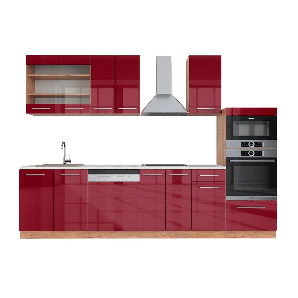 Complete keukeneenheid Fame-Line Bordeaux hoogglans/gouden eik 300 cm met hoge kast, WB Marmer Vicco