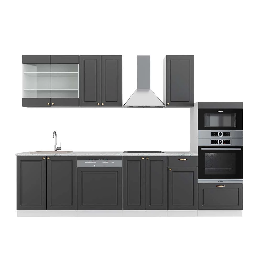 Complete keukeneenheid Fame-Line Antraciet-Goud/Wit 300 cm met hoge kast, WB Marmer Vicco