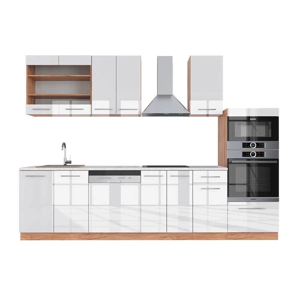 Complete keukeneenheid Fame-Line Wit hoogglans/goud power eiken 300 cm met hoge kast, WB Marmer Vicco