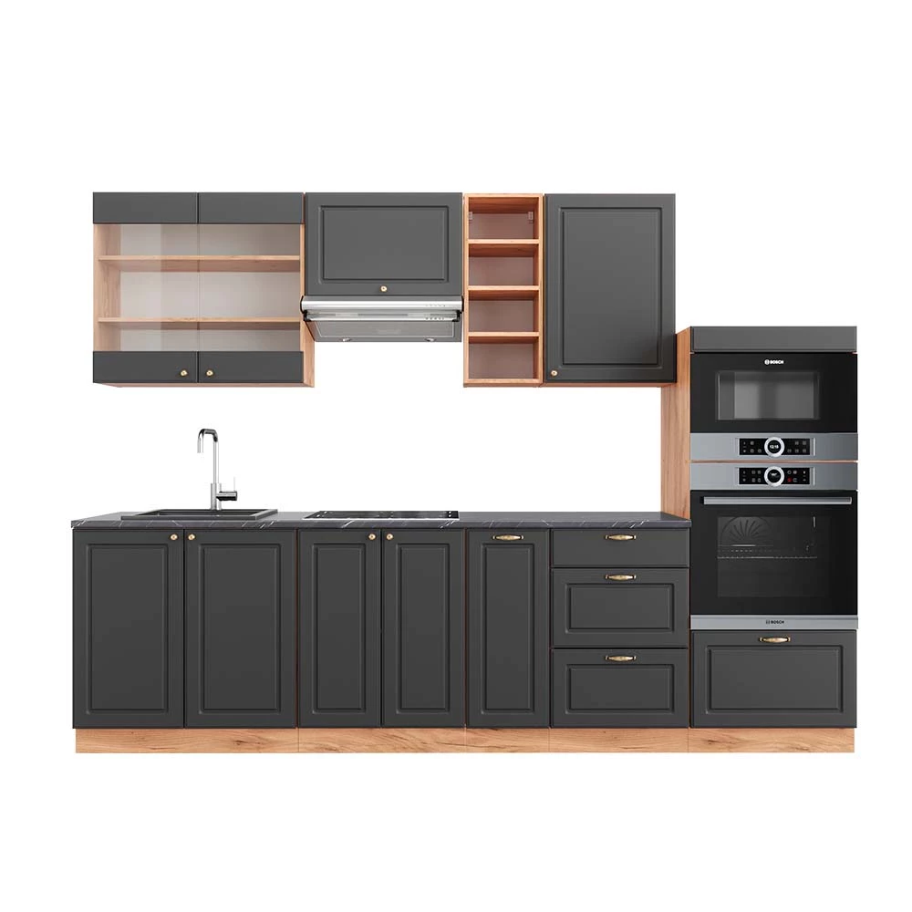 Complete keukeneenheid Fame-Line Antraciet Landhuis/Goud Kraft Eik 280 cm , WB Antraciet Vicco