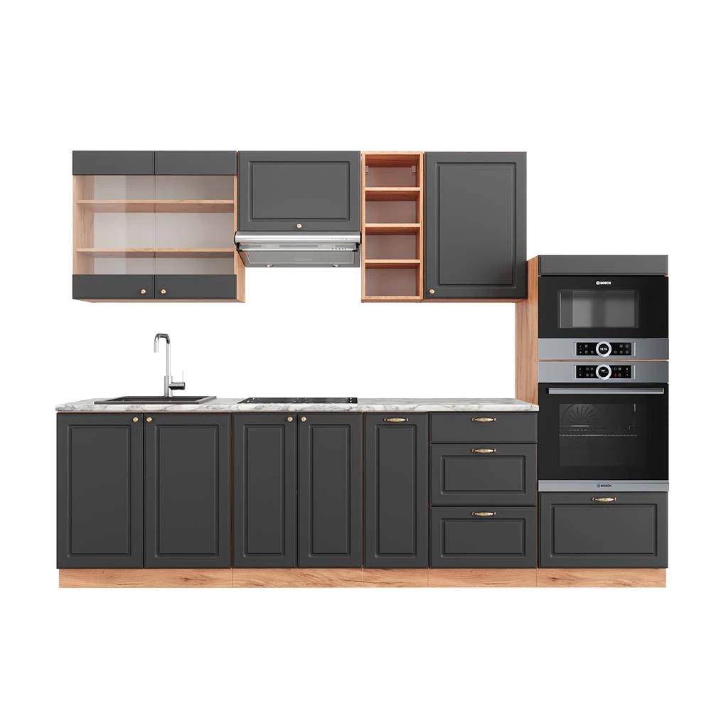 Complete keukeneenheid Fame-Line Antraciet Landhuis/Goud Kraft Eik 280 cm , WB Marmer Vicco
