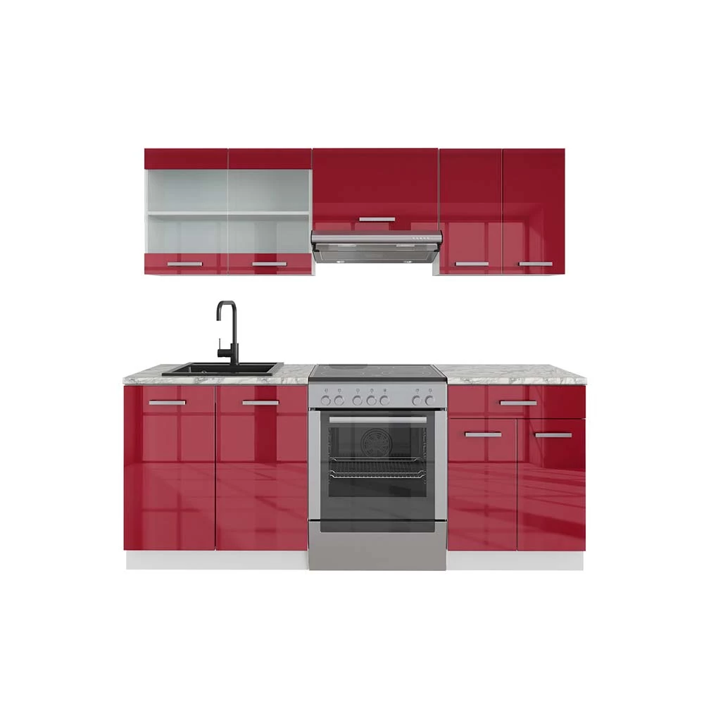 Complete keukeneenheid R-Line Rood hoogglans/wit 200 cm , WB Marmer Vicco