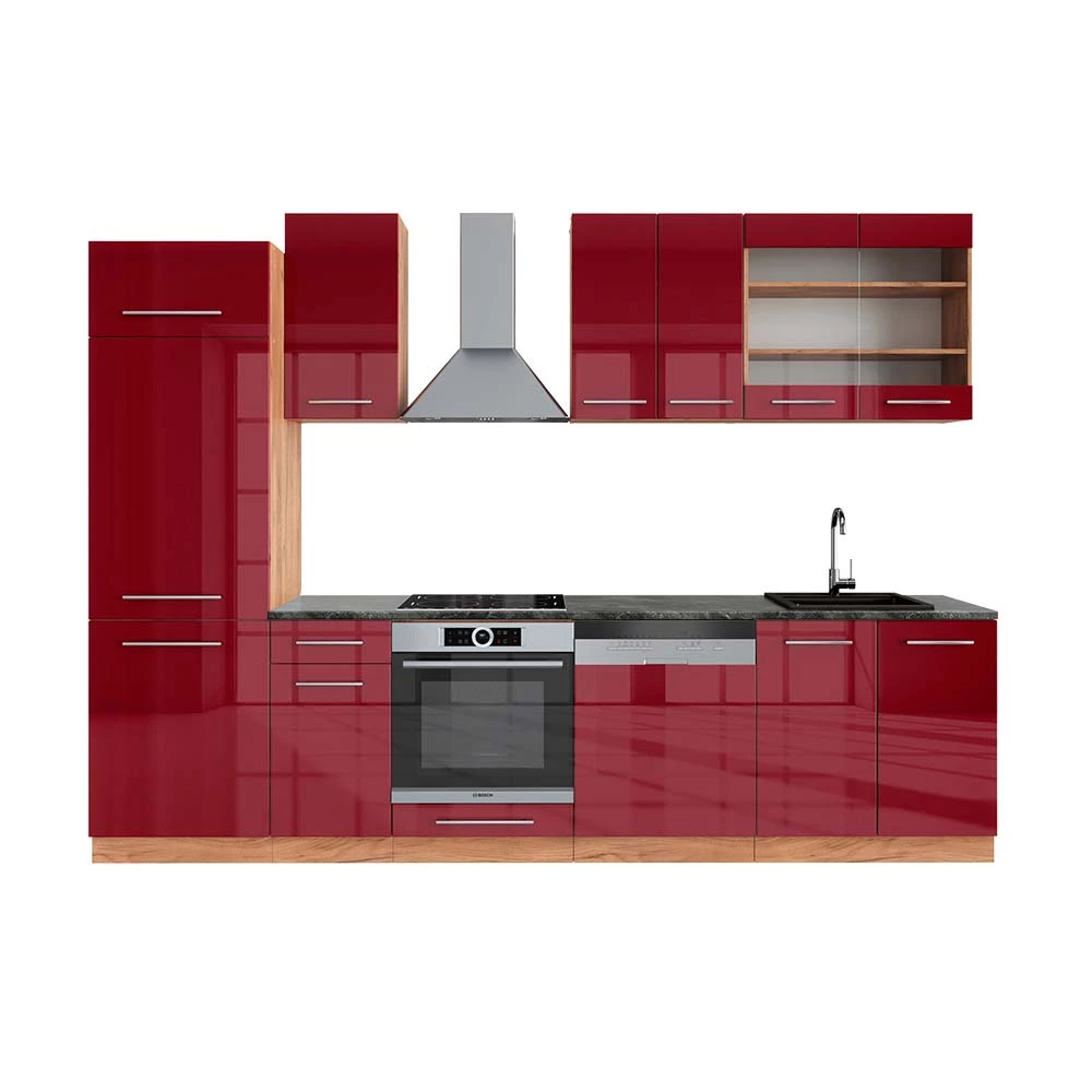 Complete keukeneenheid Fame-Line Bordeaux hoogglans/gouden eik 300 cm , WB Antraciet Vicco