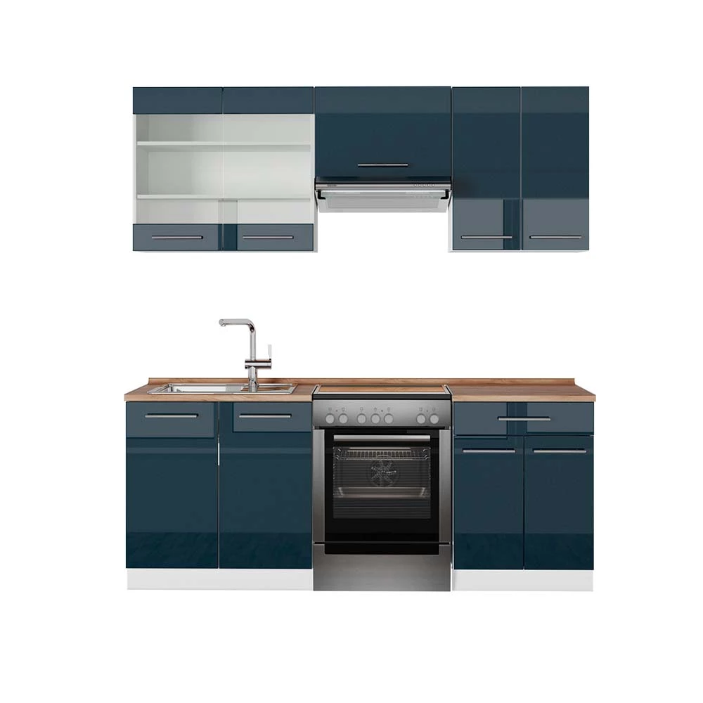 Keukenkasten Fame-Line Donkerblauw hoogglans/wit 200 cm , WB Eik Vicco