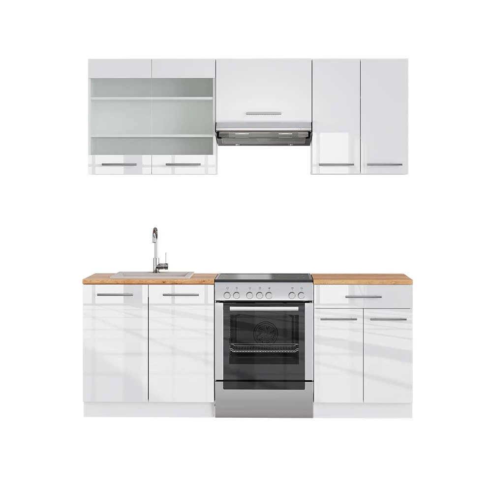 Complete keukeneenheid Fame-Line Wit hoogglans/wit 200 cm , WB Eik Vicco
