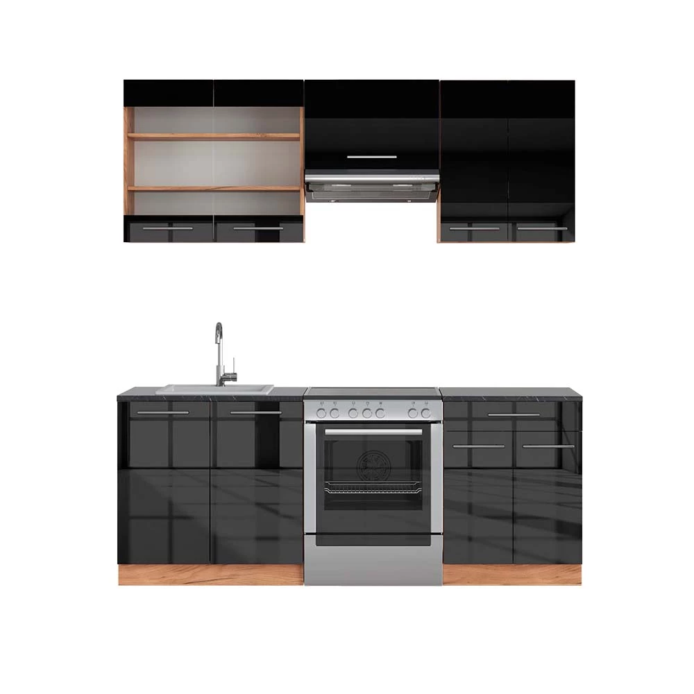 Complete keukeneenheid Fame-Line Antraciet hoogglans/goud eiken 200 cm , WB Antraciet Vicco