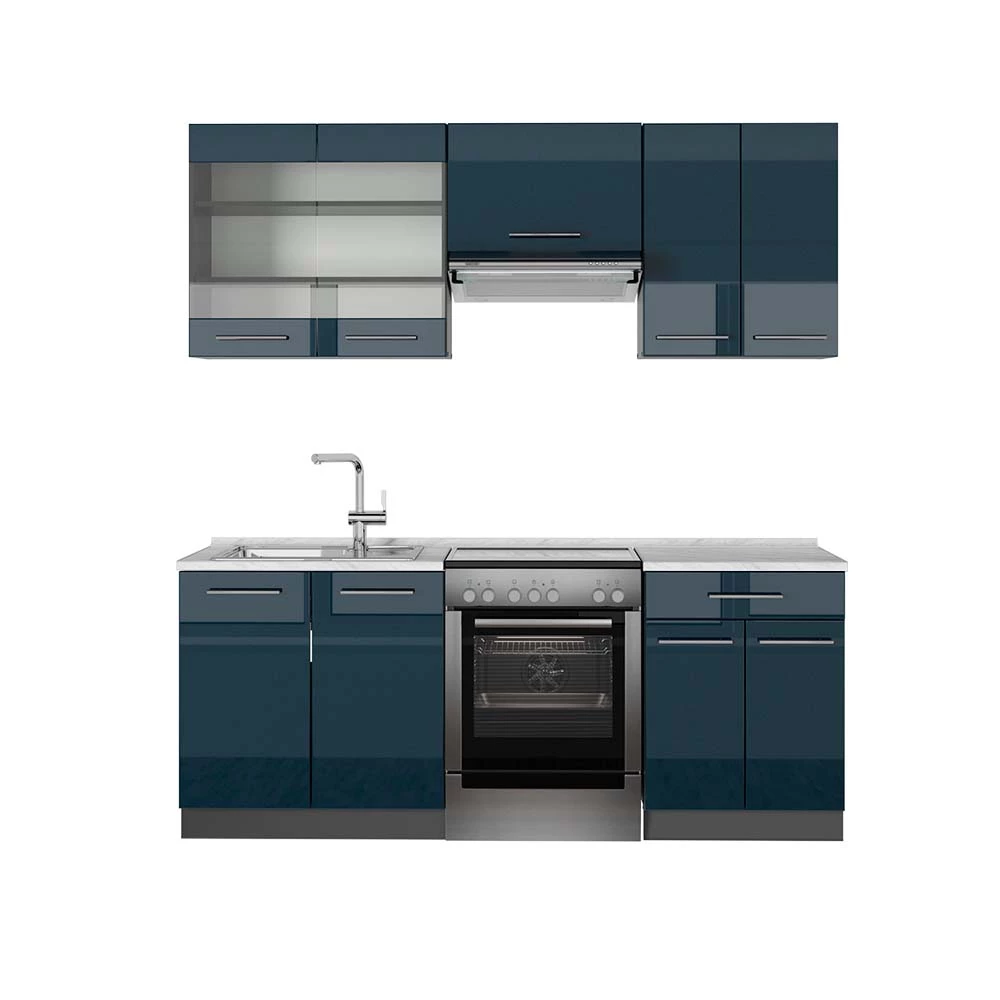 Keukenkasten Fame-Line Donkerblauw hoogglans/antraciet 200 cm , WB Marmer Vicco
