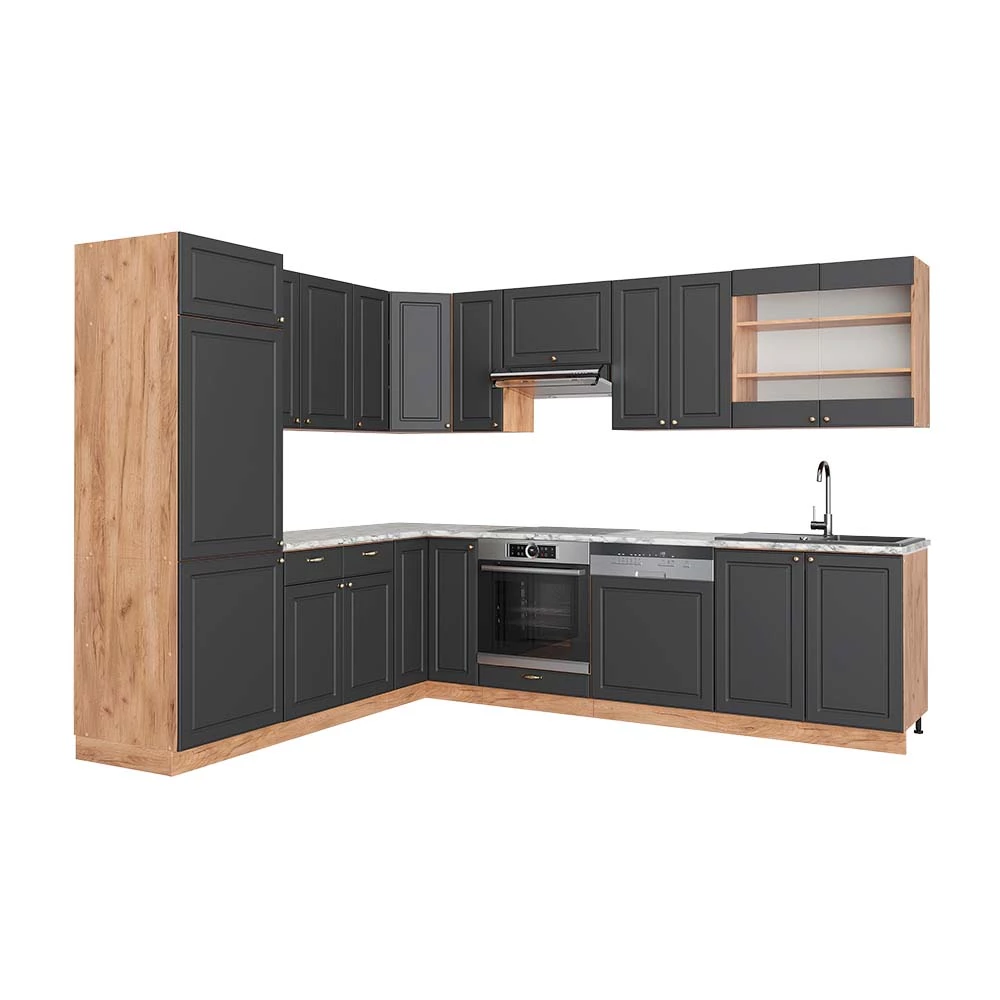 Hoekkeuken Fame-Line Antraciet Landhuis/Goud Kraft Eik 227 x 60 cm , WB Marmer Vicco