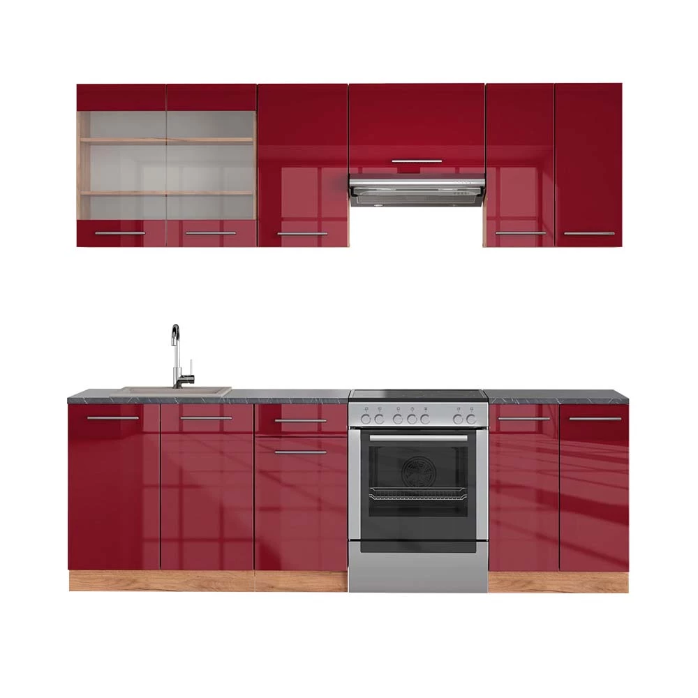 Complete keukeneenheid Fame-Line Bordeaux hoogglans/gouden eik 240 cm , WB Antraciet Vicco