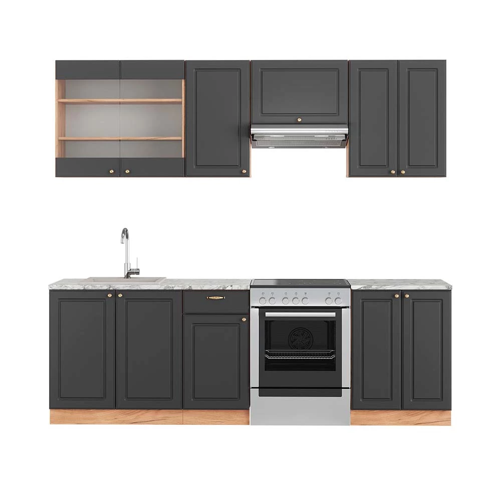 Complete keukeneenheid Fame-Line Antraciet Landhuis/Goud Kraft Eik 240 cm , WB Marmer Vicco