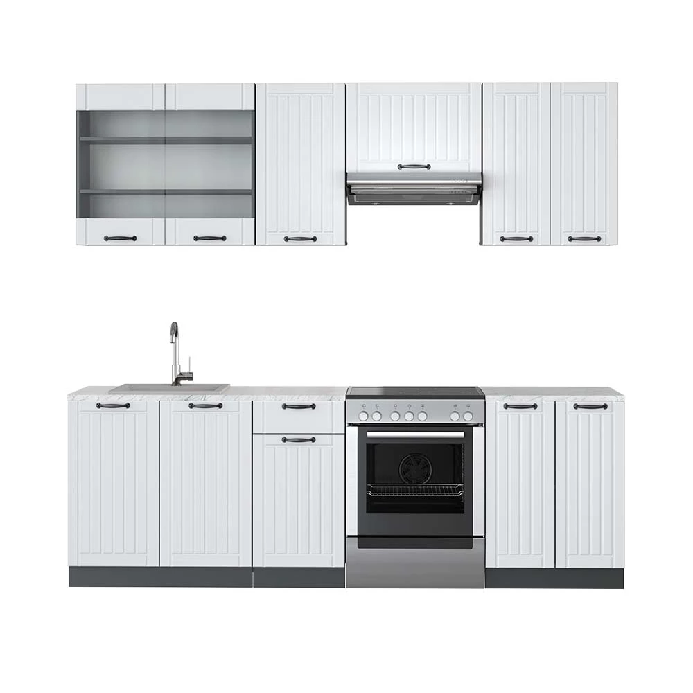 Complete keukeneenheid Fame-Line Landhuis wit/antraciet 240 cm , WB Marmer Vicco
