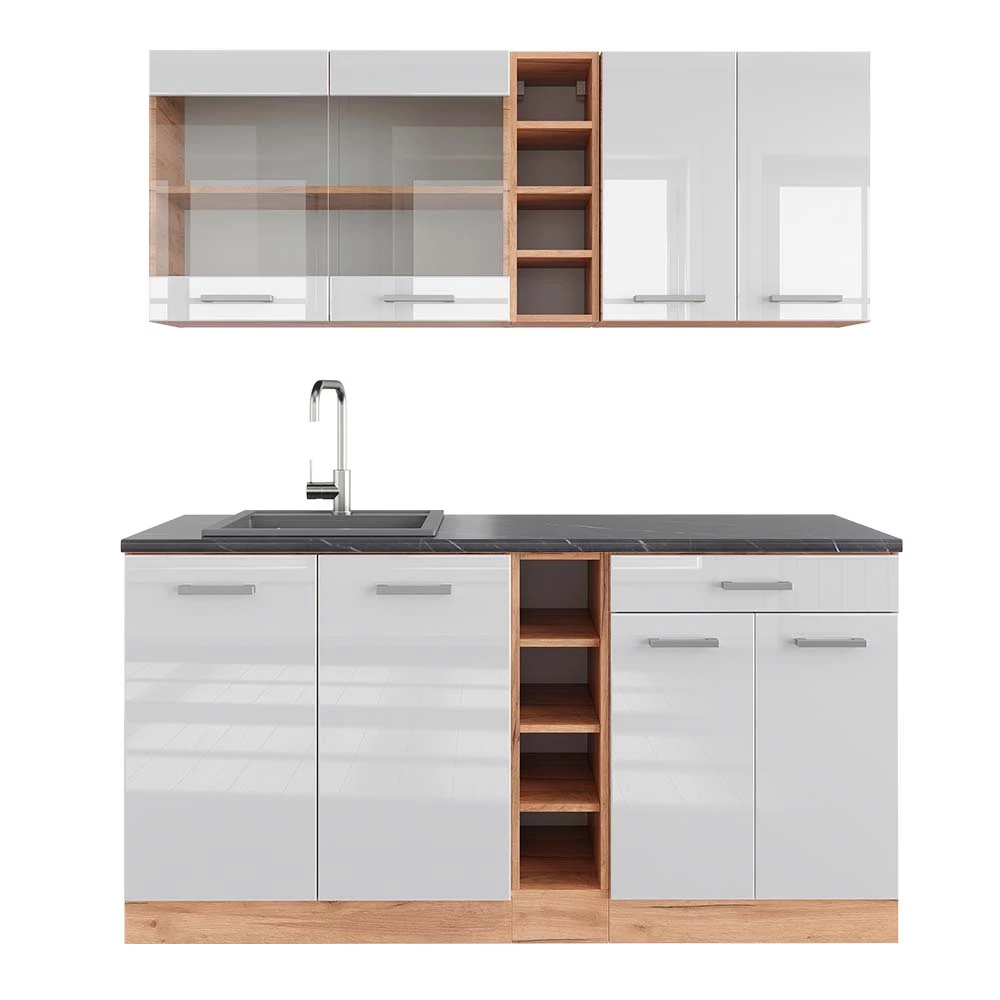Eenpersoonskeuken R-Line Wit hoogglans/goud power eiken 160 cm , WB Antraciet Vicco