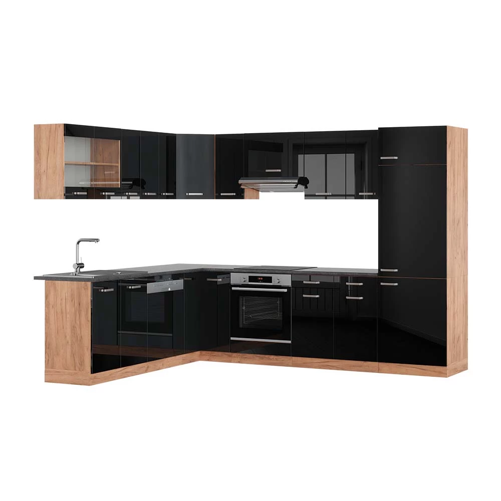 Hoekkeuken R-Line Eiken hoogglans zwart/goud 287 x 60 cm , WB Antraciet Vicco