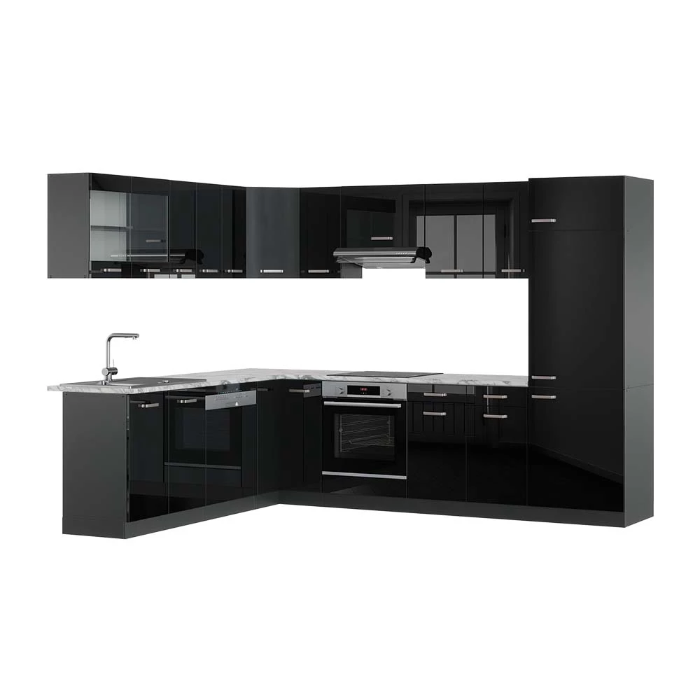 Hoekkeuken R-Line Hoogglans zwart/antraciet 287 x 60 cm , WB Marmer Vicco