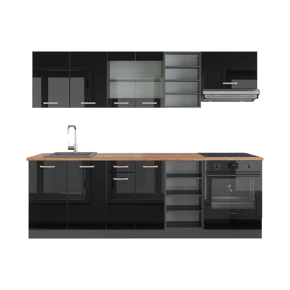 Complete keukeneenheid R-Line Hoogglans zwart/antraciet 240 cm , WB Eik Vicco