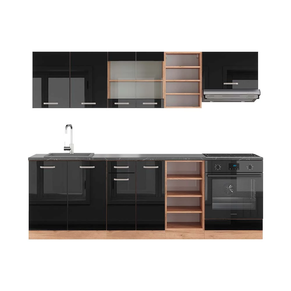 Complete keukeneenheid R-Line Eiken hoogglans zwart/goud 240 cm , WB Antraciet Vicco
