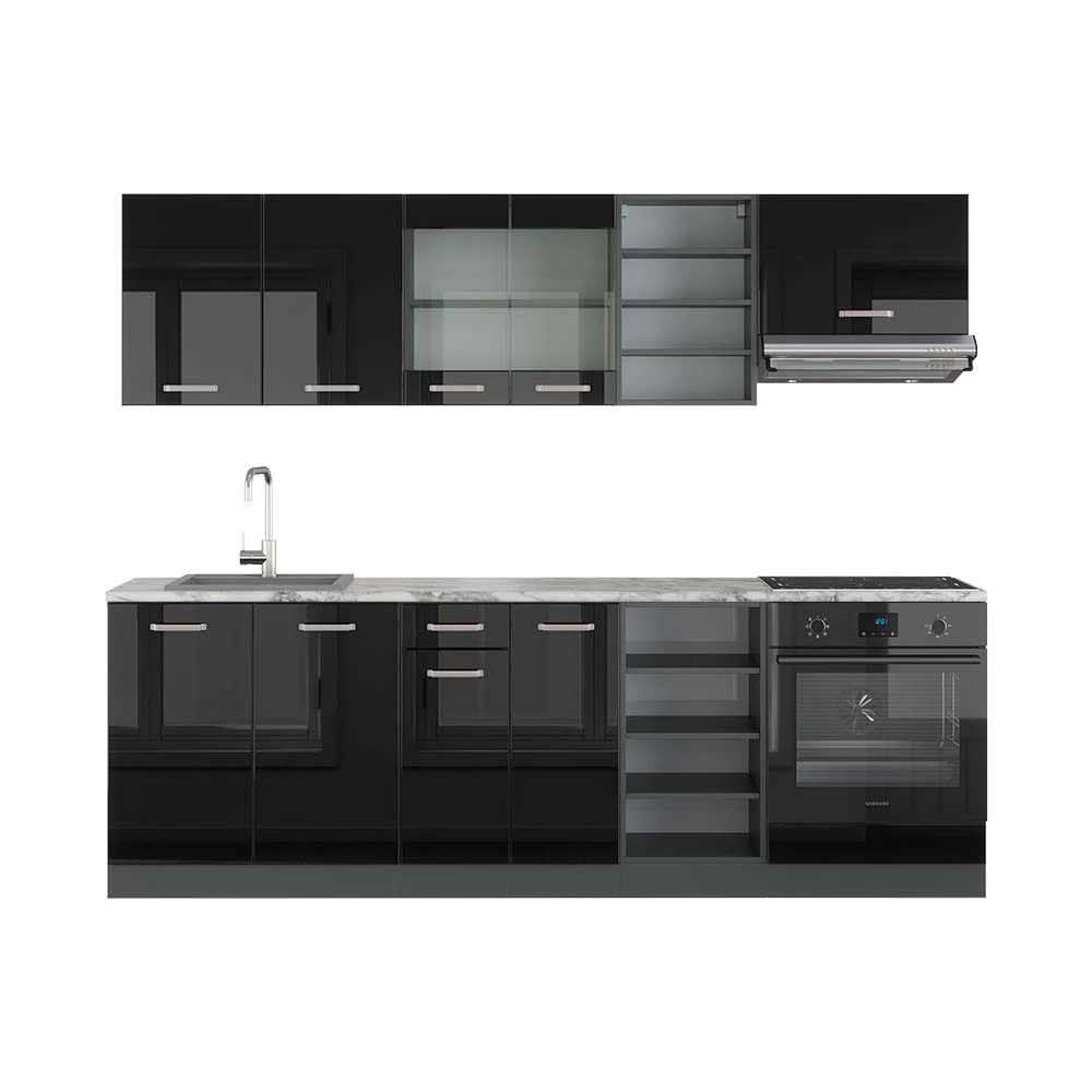 Complete keukeneenheid R-Line Hoogglans zwart/antraciet 240 cm , WB Marmer Vicco