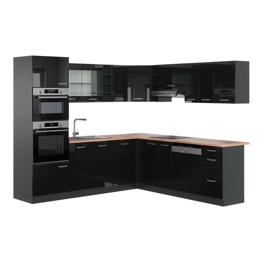 Hoekkeuken R-Line Hoogglans zwart/antraciet 247 x 60 cm , WB Eik Vicco