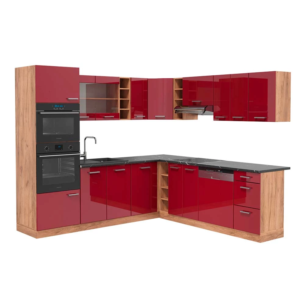 Hoekkeuken R-Line Rood hoogglans/gouden eik 247 x 60 cm , WB Antraciet Vicco