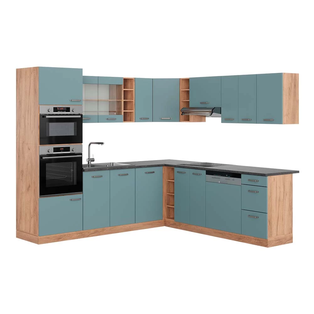 Hoekkeuken R-Line Blauw-grijs/gouden eik 247 x 60 cm , WB Antraciet Vicco