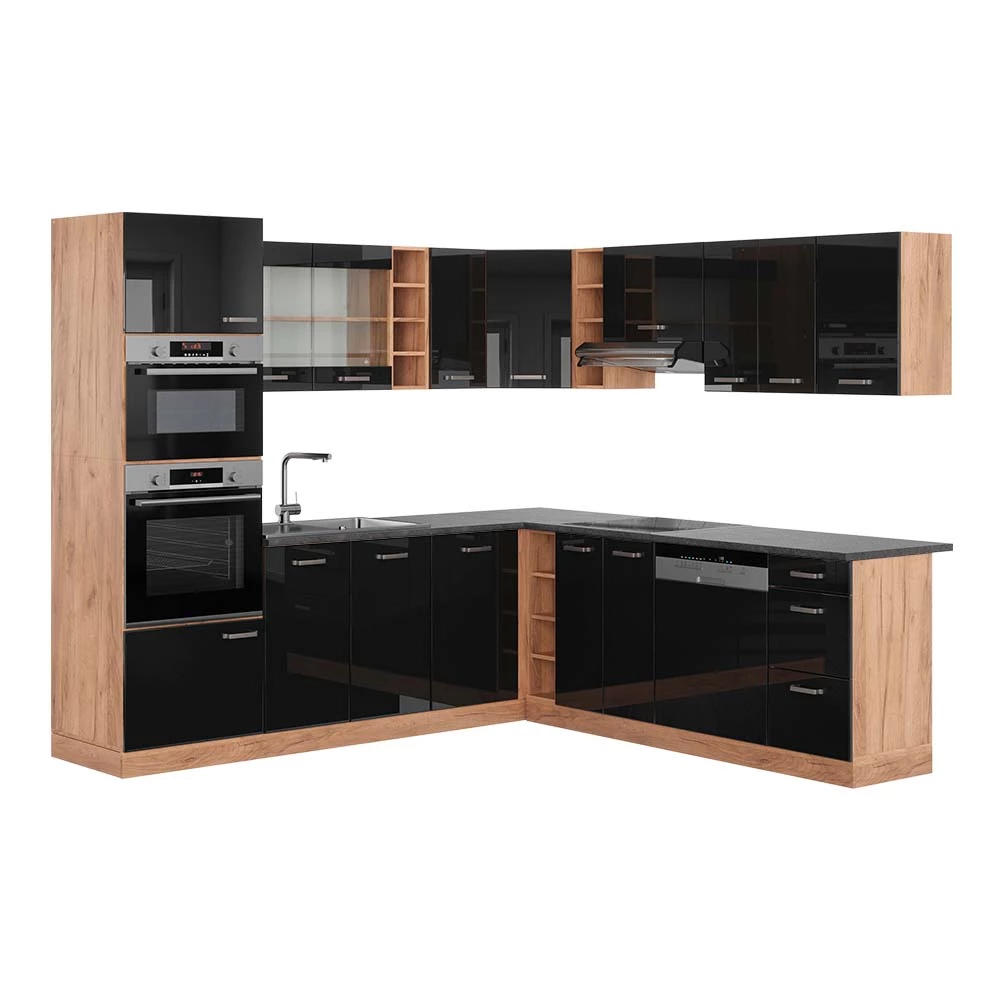 Hoekkeuken R-Line Eiken hoogglans zwart/goud 247 x 60 cm , WB Antraciet Vicco