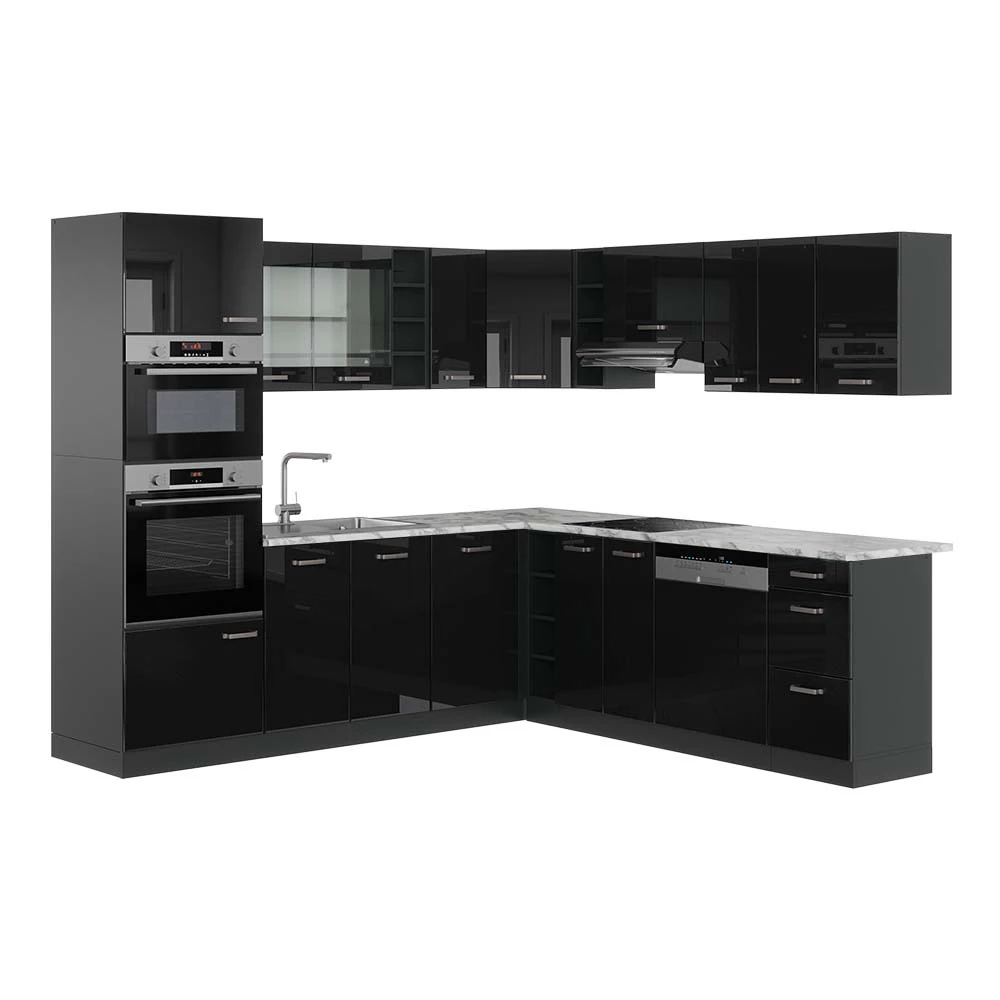 Hoekkeuken R-Line Hoogglans zwart/antraciet 247 x 60 cm , WB Marmer Vicco