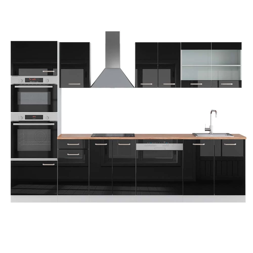 Complete keukeneenheid R-Line Zwart hoogglans/wit 300 cm met hoge kast, WB Eik Vicco