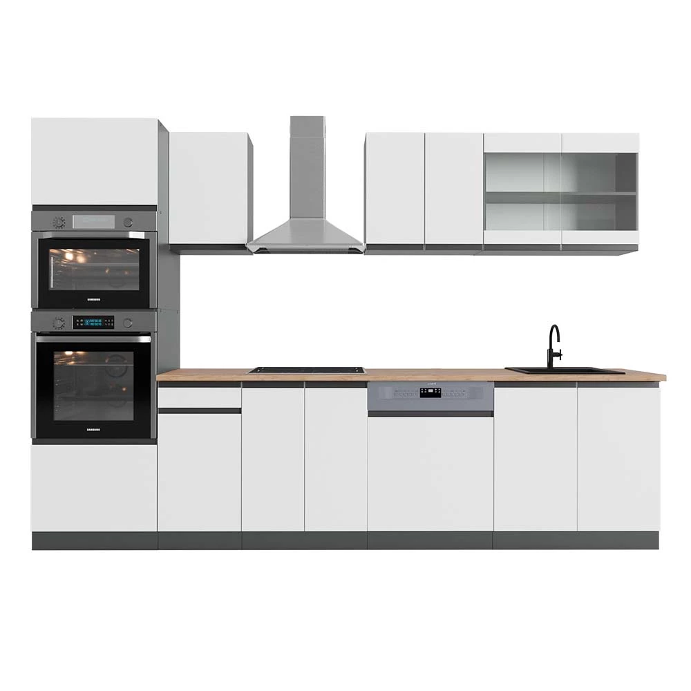 Complete keukeneenheid R-Line Wit/antraciet 300 cm  J-Shape met hoge kast, WB Eik Vicco