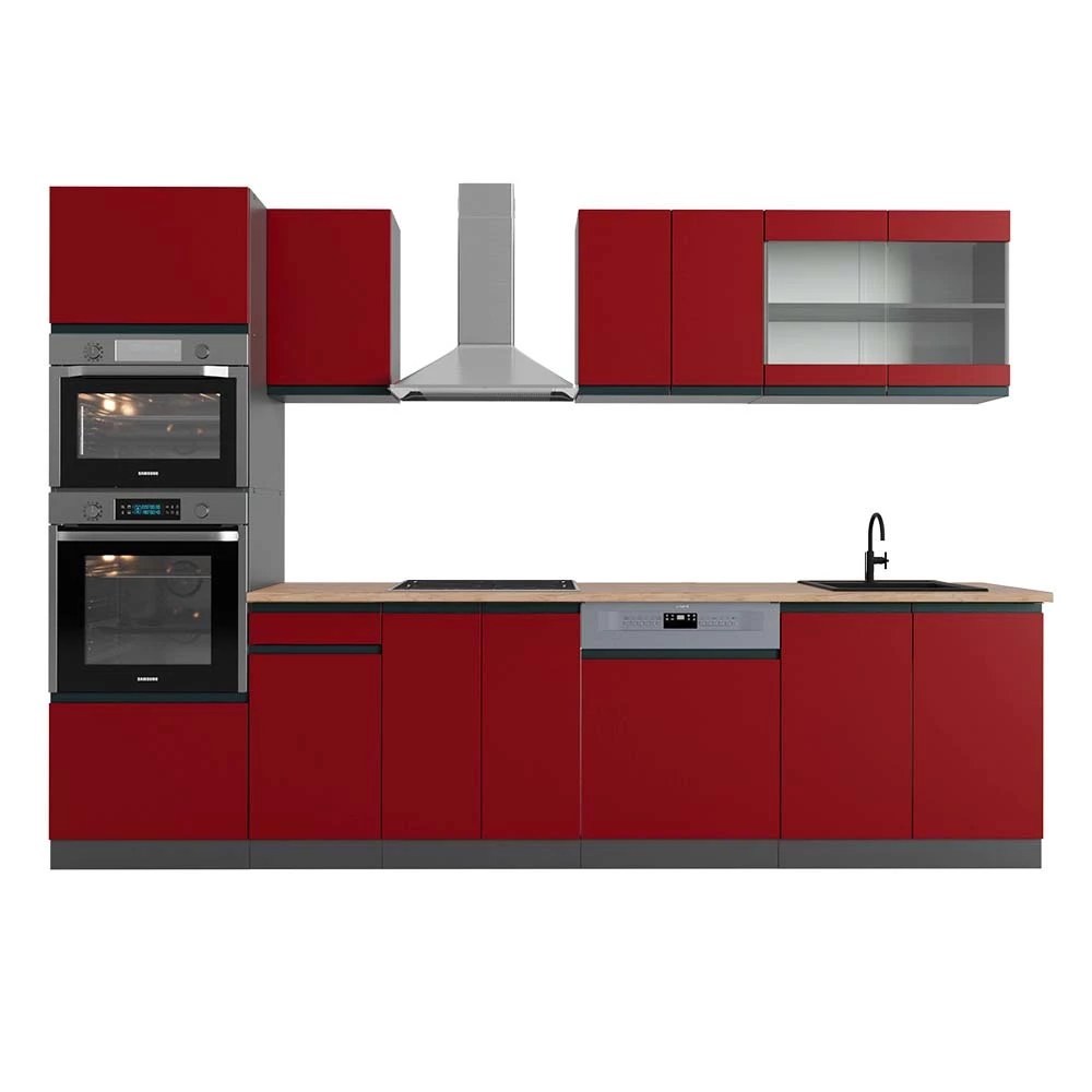 Complete keukeneenheid R-Line Rood/antraciet 300 cm  J-Shape met hoge kast, WB Eik Vicco