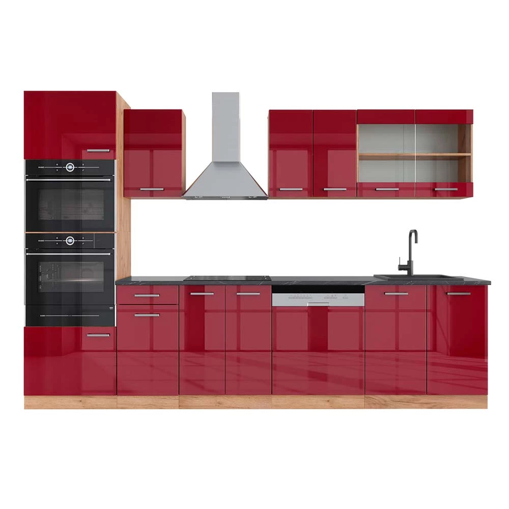 Complete keukeneenheid R-Line Rood hoogglans/gouden eik 300 cm met hoge kast, WB Antraciet Vicco