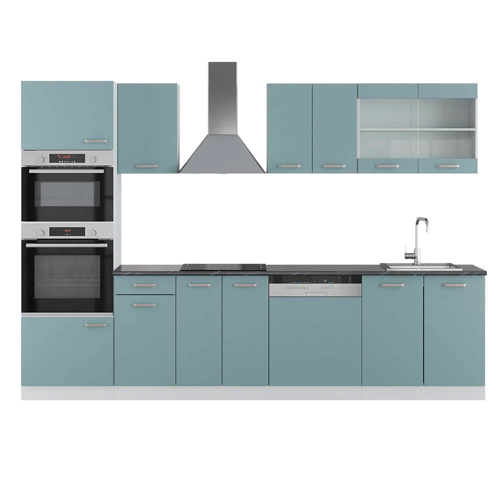 Complete keukeneenheid R-Line Blauw-grijs/wit 300 cm met hoge kast, WB Antraciet Vicco