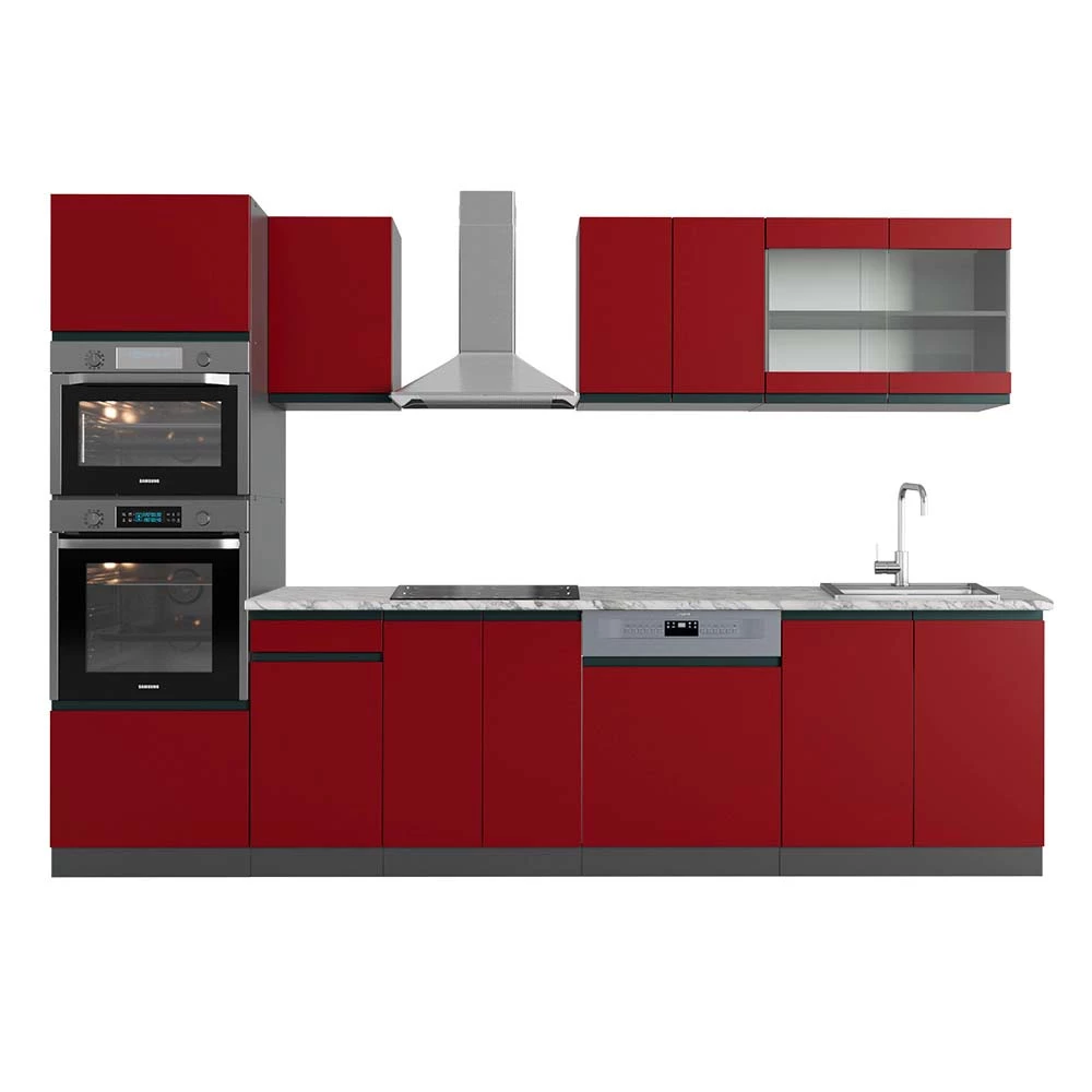 Complete keukeneenheid R-Line Rood/antraciet 300 cm  J-Shape met hoge kast, WB Marmer Vicco